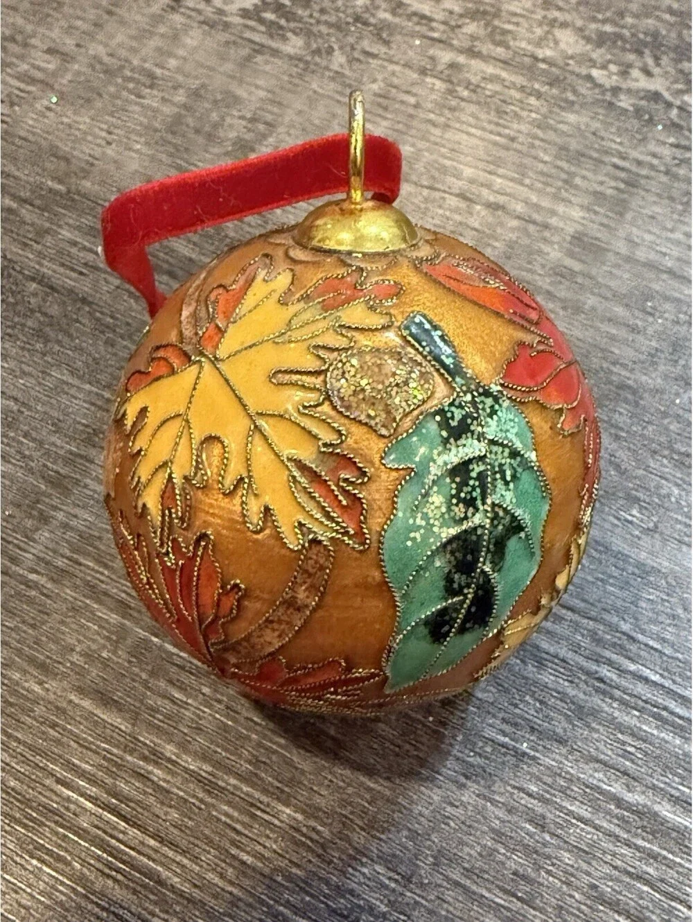 Cloisonne Enamel Golden Christmas Tree Ornament Floral Design 3”